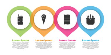 Soda kutusu, waffle külahında dondurma, plaj havlusu, soğutucu torbası ve su. Ticari bilgi şablonu. Vektör.