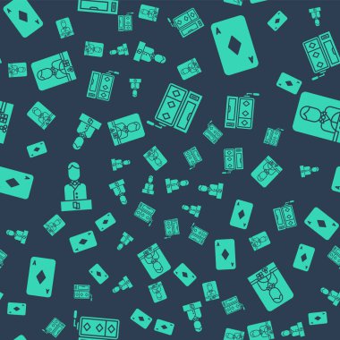 Kumar makinesini kur, elmaslarla kağıt oyna, kumarhane satıcısı ve kumarhane satıcısını kusursuz bir düzene sok. Vektör.