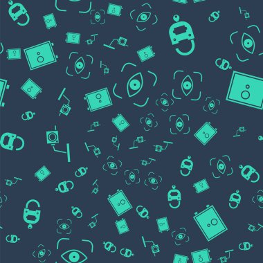 Göz taramasını, kilit ve anahtarı, güvenlik kamerasını ve kasayı kusursuz şekilde ayarla. Vektör.