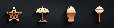 Deniz yıldızı, plaj için güneş koruyucu şemsiye waffle külahında dondurma ve uzun gölgeli lolipop ikonu. Vektör.