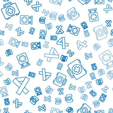 Çizgi farkındalık kurdelesini, ilk yardım çantasını ve acil durumun tıbbi sembolünü kusursuz bir şablona göre ayarla. Vektör.