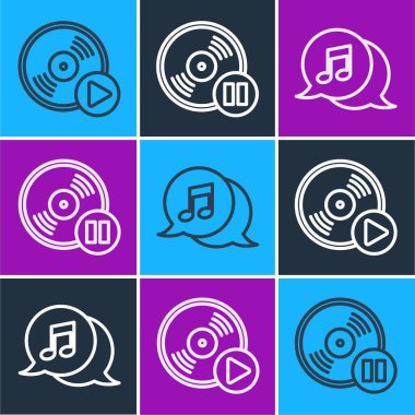 Satır Vinil diski, konuşma balonunda müzik notası ve vinil disk simgesini ayarla. Vektör.