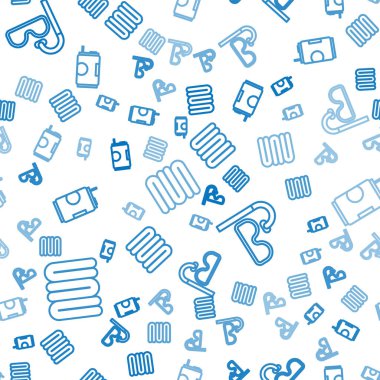 Havlu destesini, dalış maskesini, şnorkeli ve soda kutusunu pürüzsüz desene ayarlayın. Vektör.