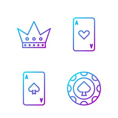 Sabit çizgi kumarhane fişleri, iskambil kağıtları, iskambil kağıtları ve kalplerle kağıt oynamak. Renk simgeleri. Vektör.