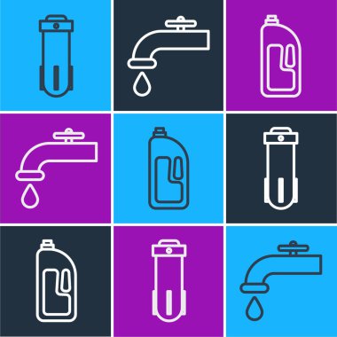 Hat su filtresi, lavabo açıcı ve musluk ikonlu konteyner ayarlayın. Vektör.