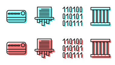 Satır İkili Kodu, Kredi kartı, Kağıt Parçalayıcı ve Hapishane pencere simgesini ayarla. Vektör.