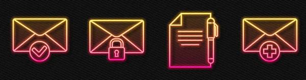 设置行文档和钢笔 包封和检查标记 邮件锁密码和接收消息概念 发光的霓虹灯图标 — 图库矢量图片