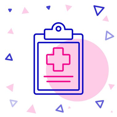 Beyaz arka planda izole edilmiş klinik kayıt simgesine sahip Line Medikal panosu. Sağlık sigortası formu. Reçete, tıbbi kontrol işaretleri raporu. Renkli taslak konsepti. Vektör İllüstrasyonu.