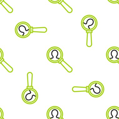 Arama için çizgi büyüteç beyaz zemin üzerinde izole edilmiş bir insan simgesi. İşe alma ya da seçme. Çalışanları ve işi ara. Vektör İllüstrasyonu.