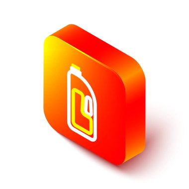 Beyaz arkaplanda izole edilmiş lavabo açıcı simgesine sahip Isometric hat konteynırı. Plastik şişedeki deterjan. Turuncu kare düğme. Vektör İllüstrasyonu.