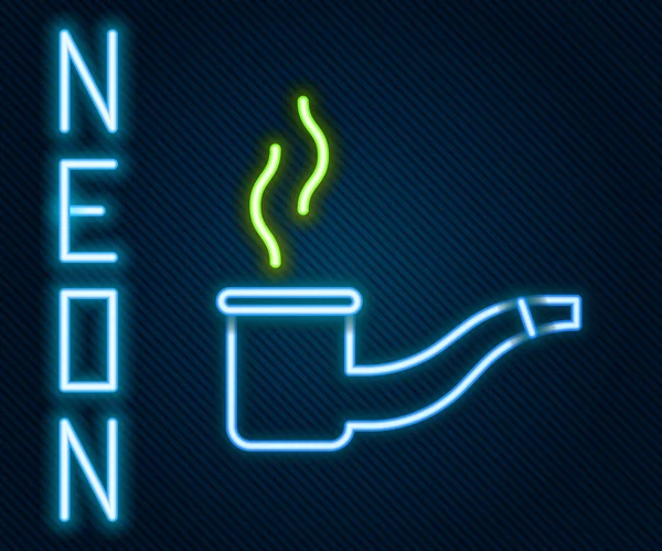 Glowing Neon Line Smoking Pipe Smoke Icon Isolated Black Background — Stock Vector