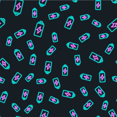 Çizgi Batarya simgesi siyah arkaplanda izole edilmiş. Şimşek sembolü. Vektör İllüstrasyonu.