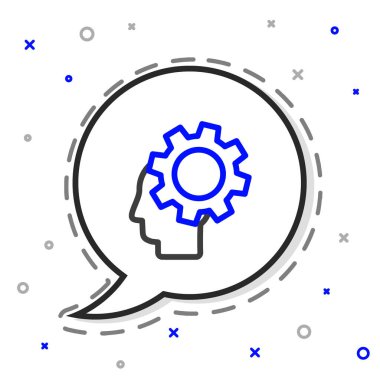 Beyaz arka planda izole edilmiş ikon içerisindeki dişli çizgi insan kafası. Yapay zeka. Düşünen beyin. Beynin sembol çalışması. Renkli taslak konsepti. Vektör İllüstrasyonu.