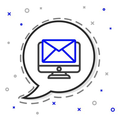 Hat monitörü ve zarf, yeni mesaj, beyaz arkaplanda izole edilmiş posta simgesi. E-posta bültenleri, başlıklar, blog yazıları için kullanım. Renkli taslak konsepti. Vektör İllüstrasyonu.