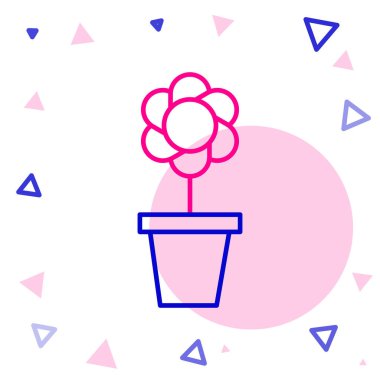 Beyaz arkaplanda tencere simgesinde çizgi çiçeği izole edildi. Tencerede yetişen bir bitki. Saksı bitkisi işareti. Renkli taslak konsepti. Vektör İllüstrasyonu.