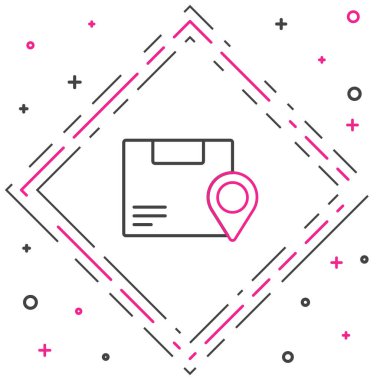 Beyaz arkaplanda karton kutu simgesine sahip satır konumu. Teslimat hizmetleri, lojistik ve ulaşım, dağıtım. Renkli taslak konsepti. Vektör İllüstrasyonu.