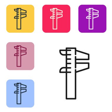 Siyah çizgi Calliper veya kalibre ve ölçek simgesi beyaz arkaplanda izole edildi. Hassas ölçüm aletleri. Renkli kare düğmelerle simgeleri ayarla. Vektör İllüstrasyonu.