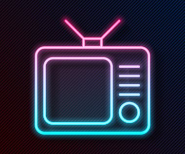 Parlayan neon hattı Retro TV simgesi siyah arkaplanda izole edildi. Televizyon tabelası. Vektör İllüstrasyonu.