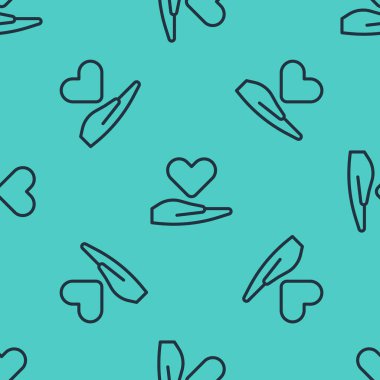 El ikonundaki siyah çizgi kalp, yeşil arkaplandaki kusursuz deseni izole etti. El çabukluğu aşk sembolü. Sevgililer Günü sembolü. Vektör İllüstrasyonu.