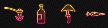 Psilosibin mantarı, kaşıkta eroin, alkol şişesi ve esrar. Parlayan neon ikonu. Vektör.