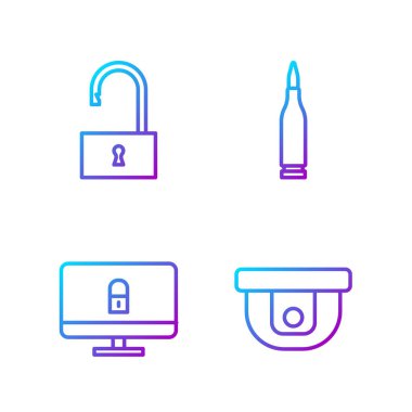 Hat hareket sensörünü ayarla, bilgisayar monitörünü kilitle, asma kilidi aç ve Mermiyi aç. Renk simgeleri. Vektör.