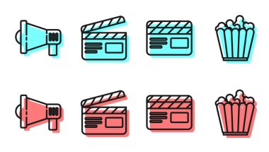 Çizgi film alkışını, megafonu, film alkışını ve kutu simgesinde patlamış mısırı ayarla. Vektör.