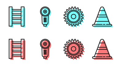 Çizgili testere bıçağı, tahta merdiven, açılı öğütücü ve trafik konisi ikonu. Vektör.