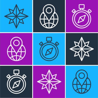 Rüzgar gülünü, pusulayı ve konumu dünya simgesinde ayarla. Vektör.