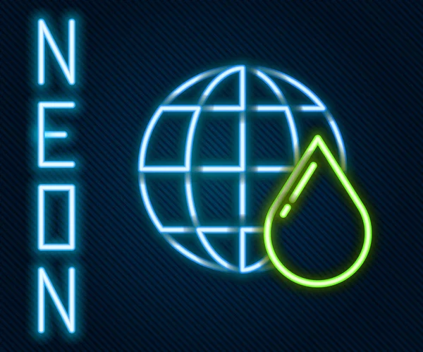 Glödande Neon Line Jorden Planet Vatten Droppe Ikon Isolerad Svart — Stock vektor