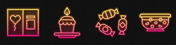 Set Süßigkeiten Grußkarte Kuchen Mit Brennenden Kerzen Und Punsch Schüssel — Stockvektor