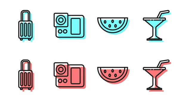 Set Line Wassermelone Koffer Fotokamera Und Martini Glas Symbol Vektor — Stockvektor