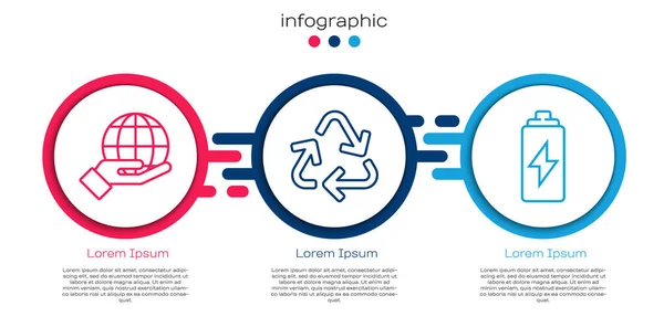 Set Line Hand Hält Erdkugel Recycle Symbol Und Batterie Geschäftsinfografische — Stockvektor