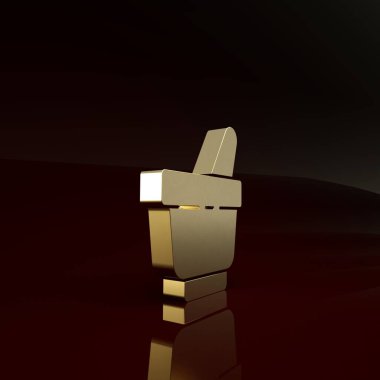 Kahverengi arka planda altın havan ve tokmak ikonu izole edildi. Minimalizm kavramı. 3d illüstrasyon 3B canlandırma