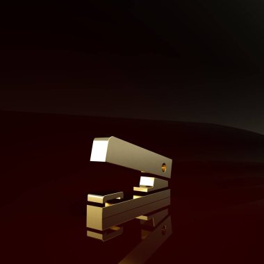 Kahverengi arka planda izole edilmiş altın ofis zımba simgesi. Zımba, zımba, kağıt, karton, ofis malzemeleri. Minimalizm kavramı. 3d illüstrasyon 3B canlandırma