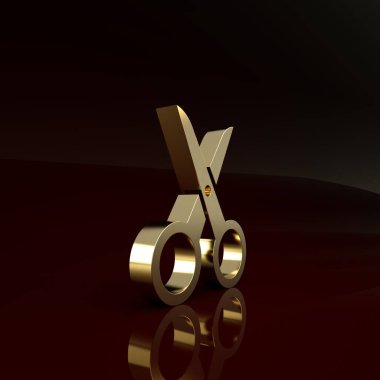 Altın Makas simgesi kahverengi arkaplanda izole edildi. Alet kesme işareti. Minimalizm kavramı. 3d illüstrasyon 3B canlandırma