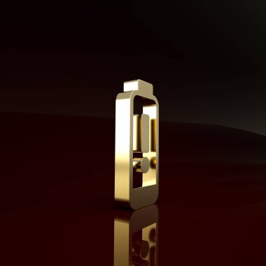 Altın Batarya şarj seviyesi göstergesi simgesi kahverengi arkaplanda izole edildi. Minimalizm kavramı. 3d illüstrasyon 3B canlandırma