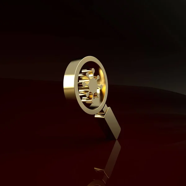 Gold Virus pod lupou ikona izolované na hnědém pozadí. Corona virus 2019-nCoV. Bakterie a bakterie, mikrobi, houby. Minimalismus. 3D ilustrace 3D vykreslení — Stock fotografie