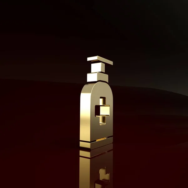 Botella de oro de jabón líquido antibacteriano con icono del dispensador aislado sobre fondo marrón. Antiséptico. Desinfección, higiene, cuidado de la piel. Concepto minimalista. 3D ilustración 3D render — Foto de Stock