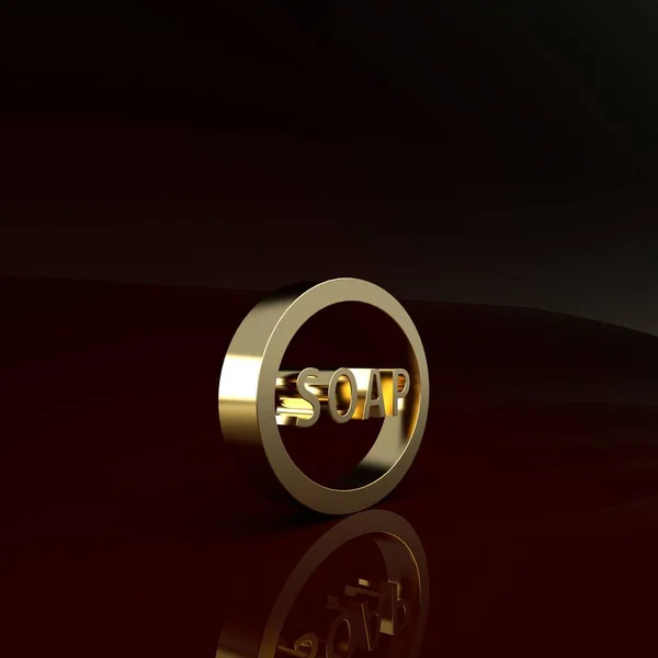 Золота смужка мильної ікони ізольована на коричневому фоні. Мильний бар з бульбашками. Концепція мінімалізму. 3D ілюстрація 3D рендеринга — стокове фото