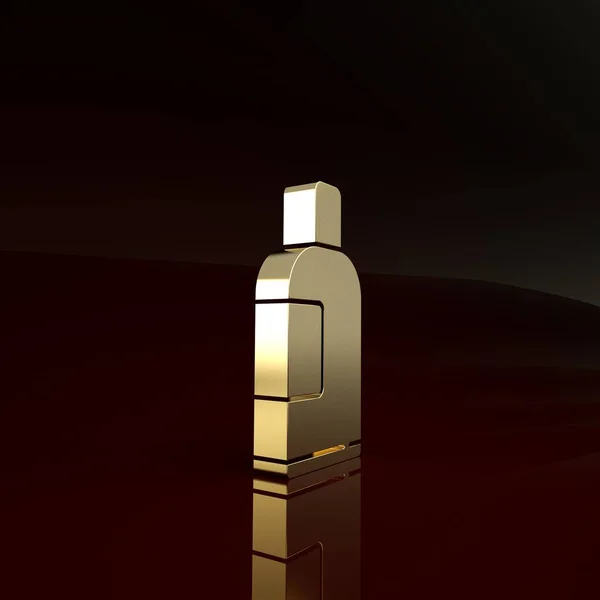 Bottiglia d'oro di icona shampoo isolato su sfondo marrone. Concetto minimalista. Illustrazione 3d rendering 3D — Foto Stock