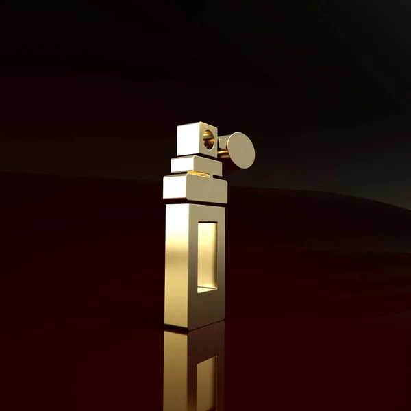 Ícone de perfume de ouro isolado no fundo marrom. Conceito de minimalismo. 3D ilustração 3D render — Fotografia de Stock
