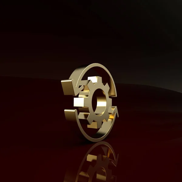 Gold Gear und Pfeile als Symbol für das Workflow-Konzept isoliert auf braunem Hintergrund. Umschaltzeichen. Minimalismus-Konzept. 3D Illustration 3D Renderer — Stockfoto