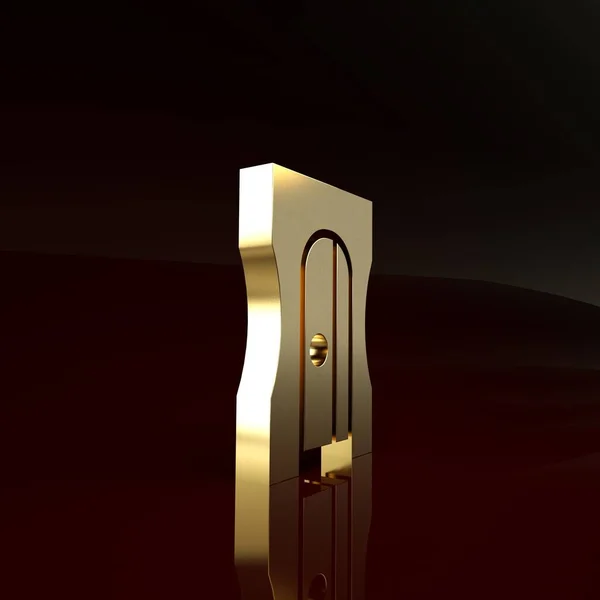 Ícone de apontador de lápis de ouro isolado no fundo marrom. Conceito de minimalismo. 3D ilustração 3D render — Fotografia de Stock