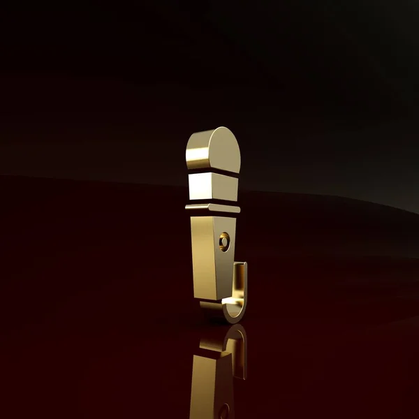 Icono de micrófono dorado aislado sobre fondo marrón. En el micrófono de radio de aire. Firma del portavoz. Concepto minimalista. 3D ilustración 3D render — Foto de Stock