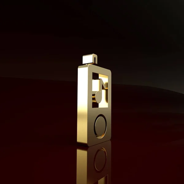 Icona Gold Music player isolata su sfondo marrone. Dispositivo musicale portatile. Concetto minimalista. Illustrazione 3d rendering 3D — Foto Stock