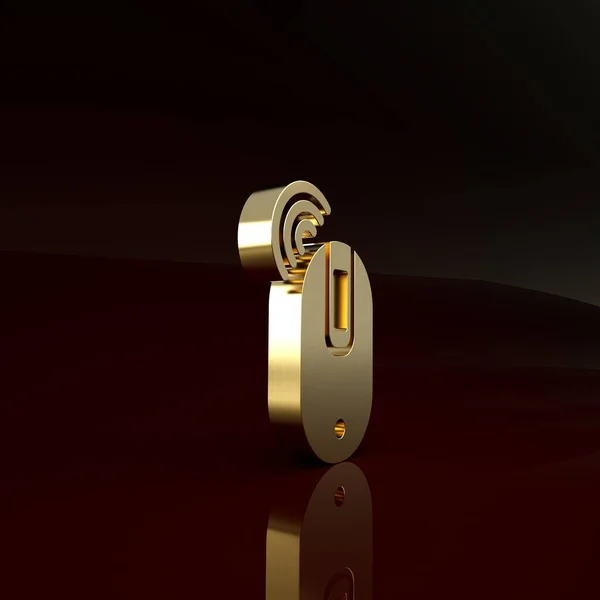골드 무선 컴퓨터 마우스 아이콘은 갈색 배경에서 분리되었다. 바퀴 모양으로 광학적 이죠. 미니멀리즘의 개념입니다. 3d 삽화 3D 렌더링 — 스톡 사진