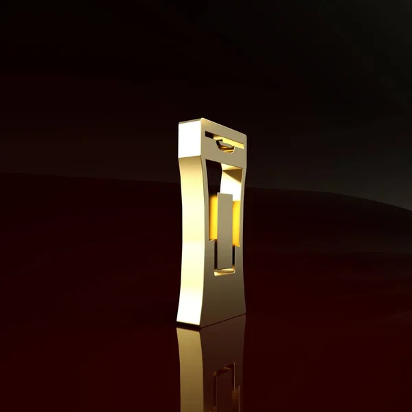茶色の背景に隔離されたシャンプーアイコンのゴールドボトル。最小限の概念。3Dイラスト3Dレンダリング — ストック写真