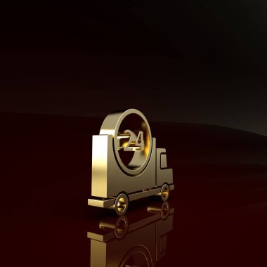Kahverengi arka planda izole edilmiş araç ikonu ile saat başı altın teslimatı. Minimalizm kavramı. 3d illüstrasyon 3B canlandırma