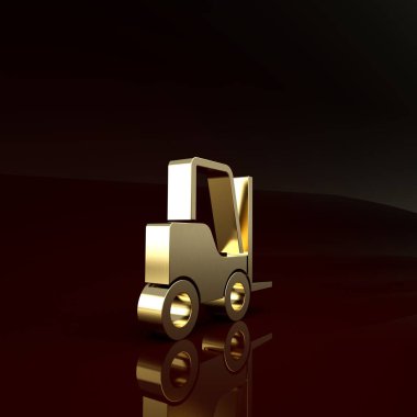 Kahverengi arka planda altın forklift ikonu izole edildi. Çatal doldurucu ve karton kutu. Kargo teslimatı, nakliye, ulaşım. Minimalizm kavramı. 3d illüstrasyon 3B canlandırma