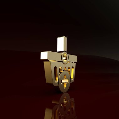 Kahverengi arka planda izole edilmiş alışveriş sepeti simgesine altın ekle. İnternetten satın alma konsepti. Teslimat servisi. Süpermarket sepeti sembolü. Minimalizm kavramı. 3d illüstrasyon 3B canlandırma